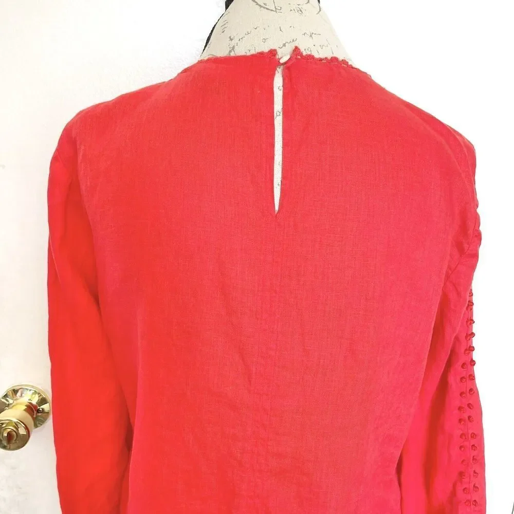 J Crew Womens Blouse 100% Linen Long Sleeve Dots Embroidered Trim Frayed Sz 8